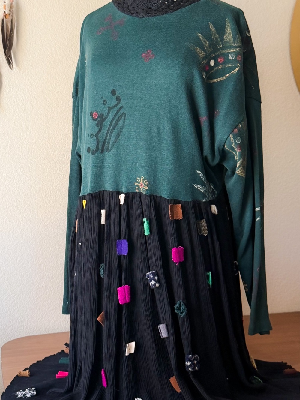 Vintage Staley Gretzinger Art To Wear Sweater Dress Pleated Appliqué Boho OS